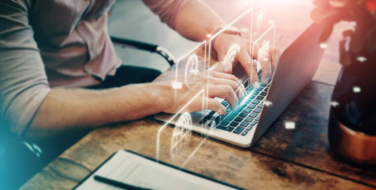 typing-man-hands-laptop-hologram-networking-cybersecurity-futuristic-research-programming-ux-zoom-developer-3d-abstract-technology-software-digital-transformation-web-30-cloud